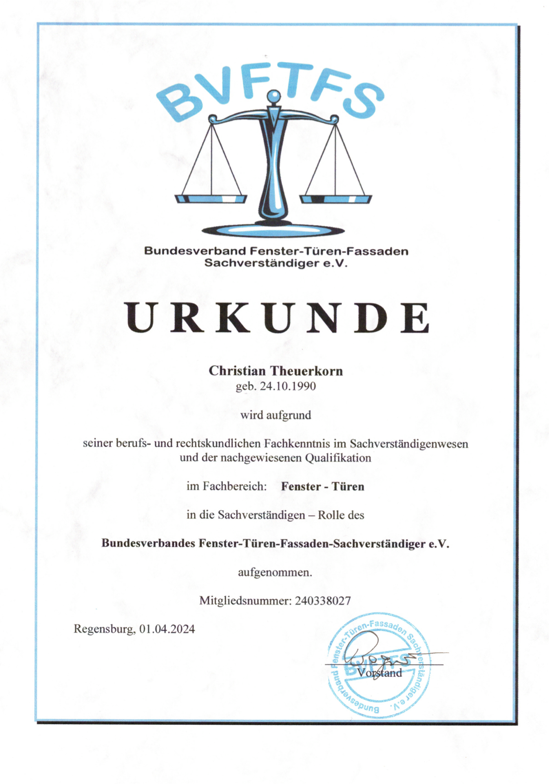 Urkunde BVFTFS — Sachverständiger Fenster und Türen