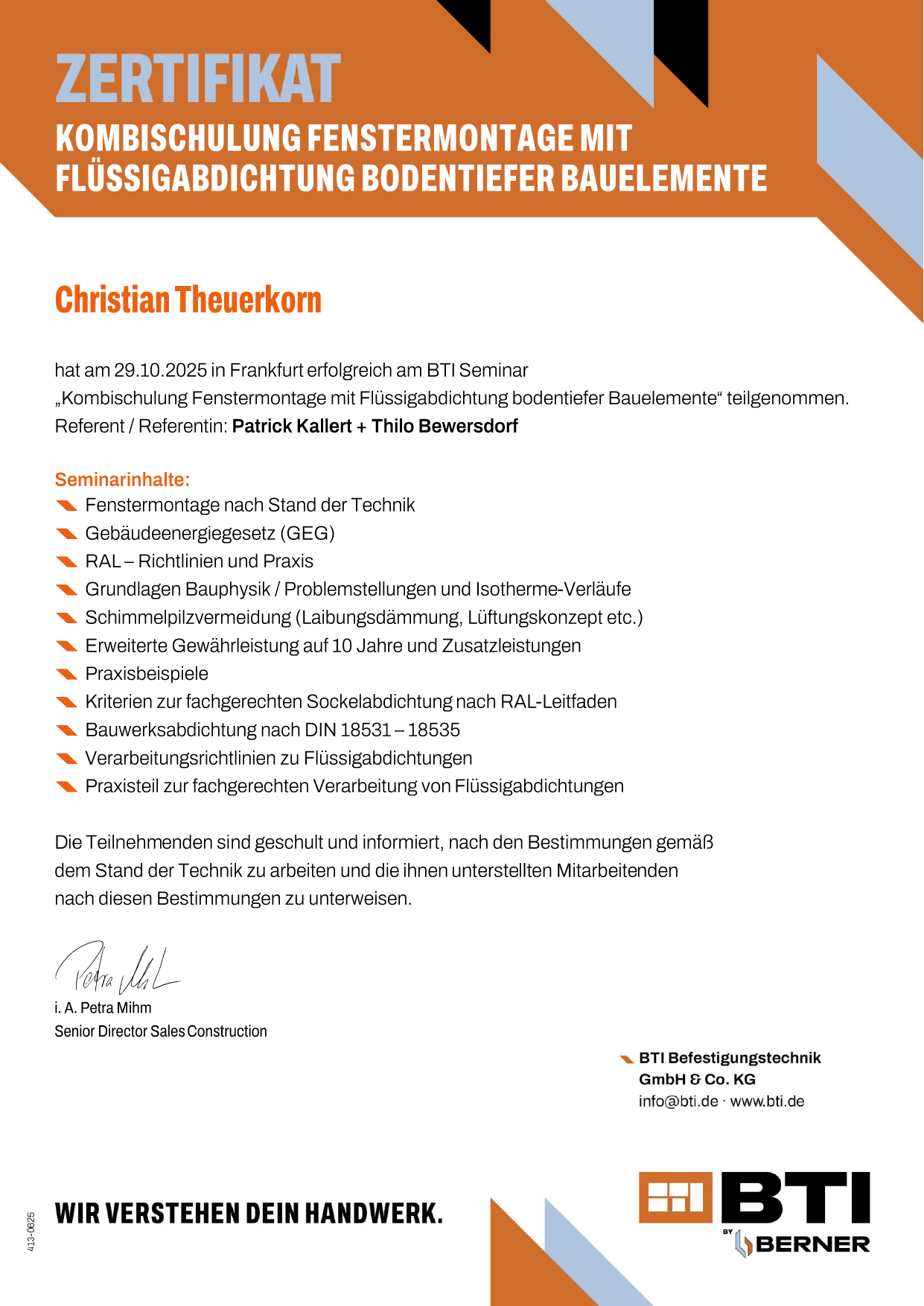 BTI-Zertifikat — Kombischulung Fenstermontage mit Flüssigabdichtung bodentiefer Bauelemente